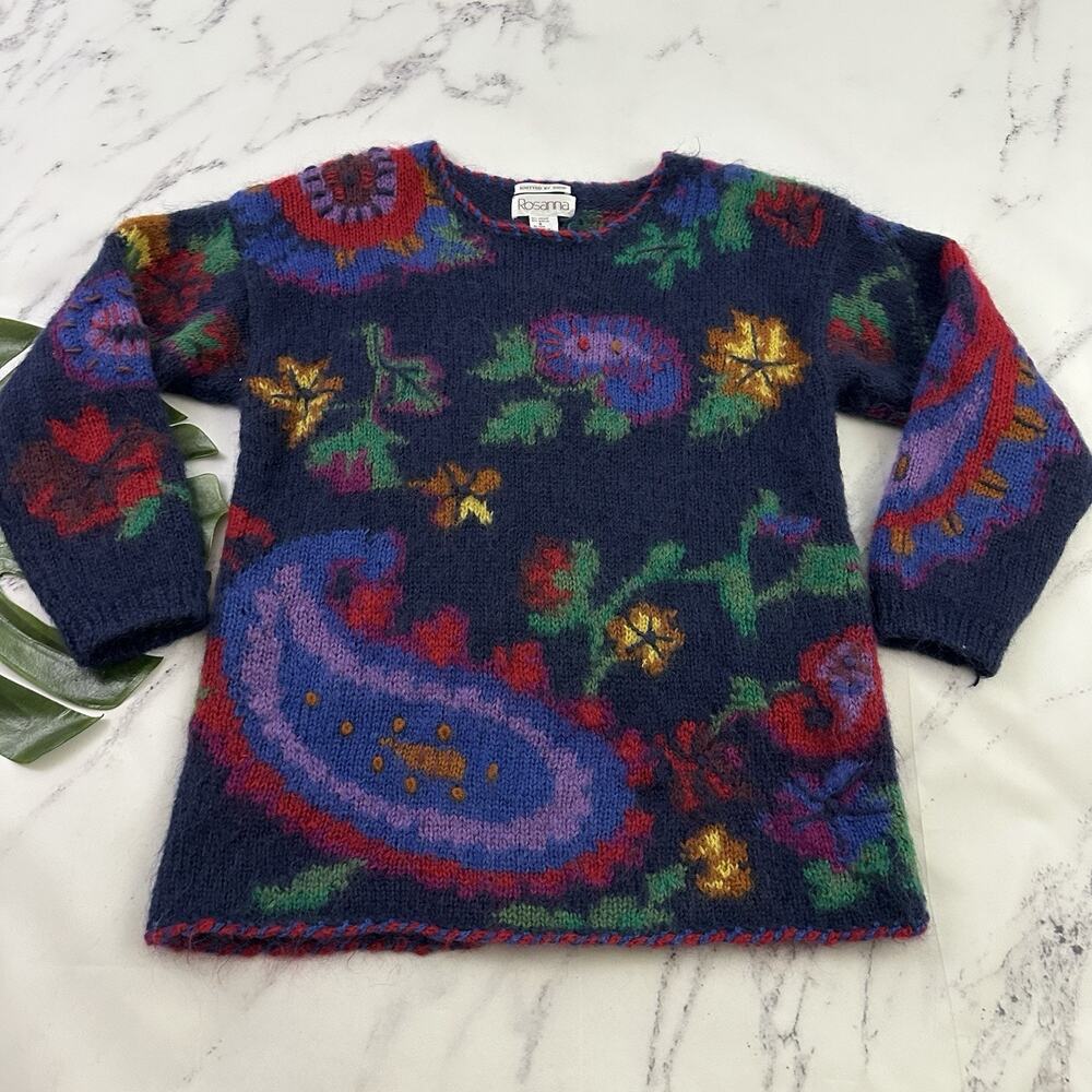 Rosanna Womens Vintage Chunky Knit Sweater Size S Blue Red Paisley Mohair
